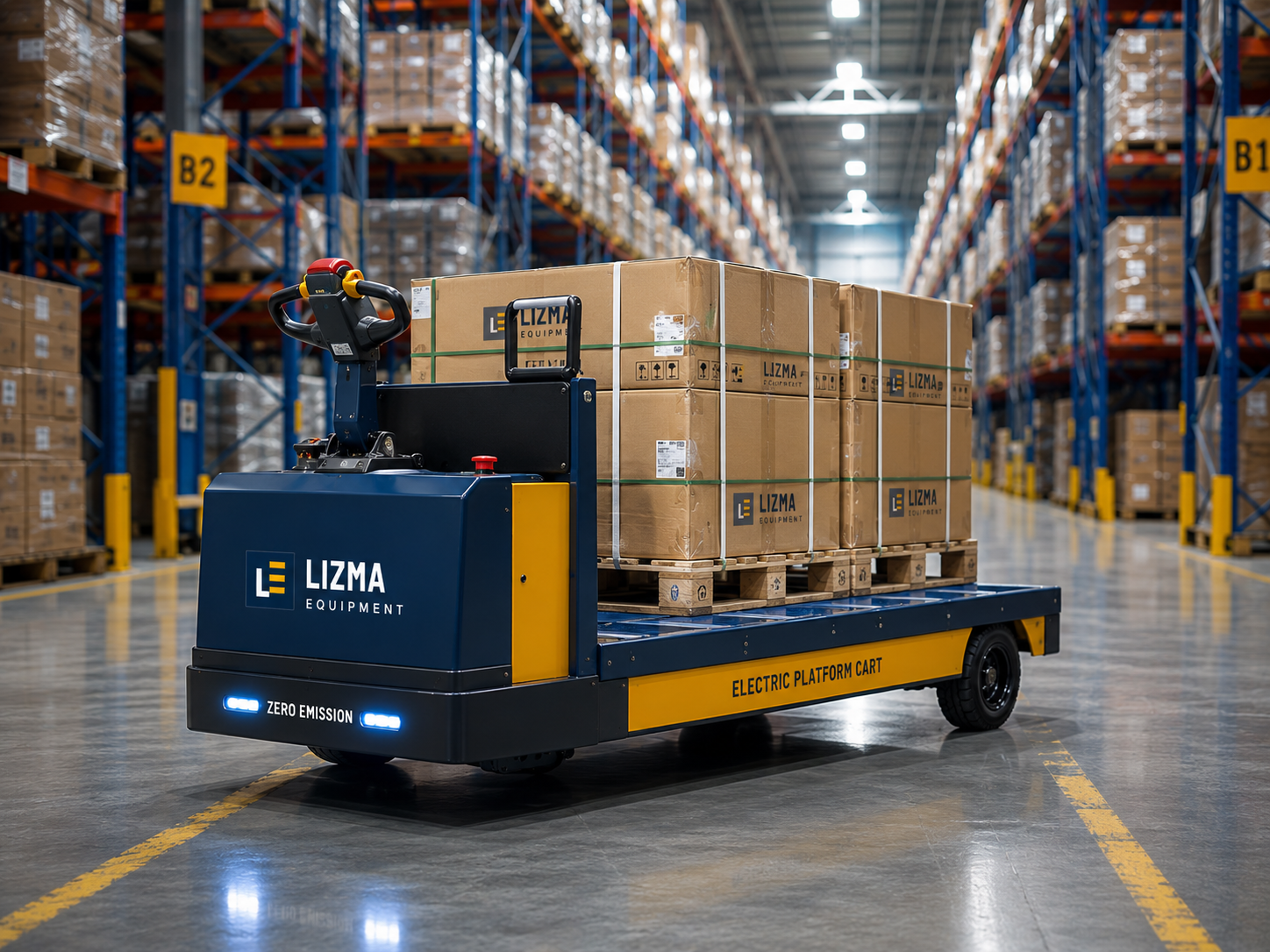 Lizma electric platform cart loaded with pallets in a warehouse aisle